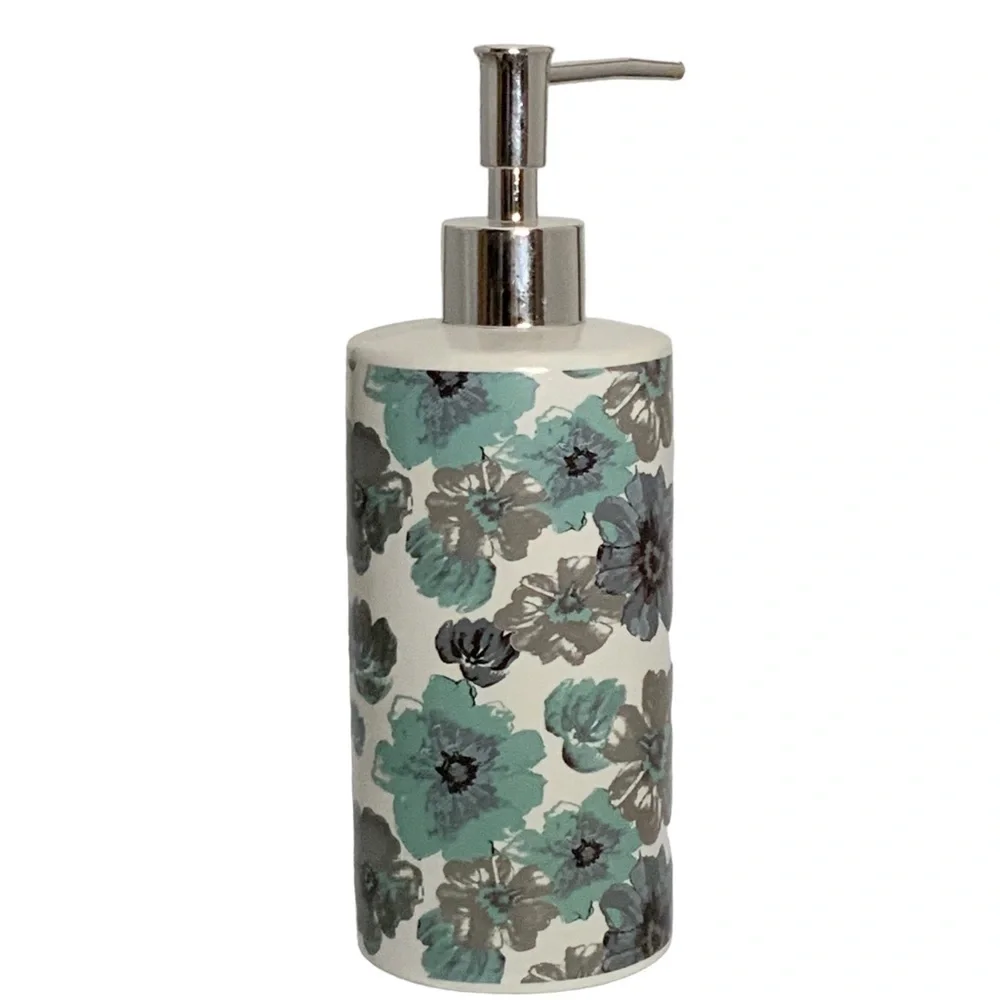 Sunburst Blue Grey Moth Clay Floral Ceramic Soap Lotion Dispenser 16 Oz